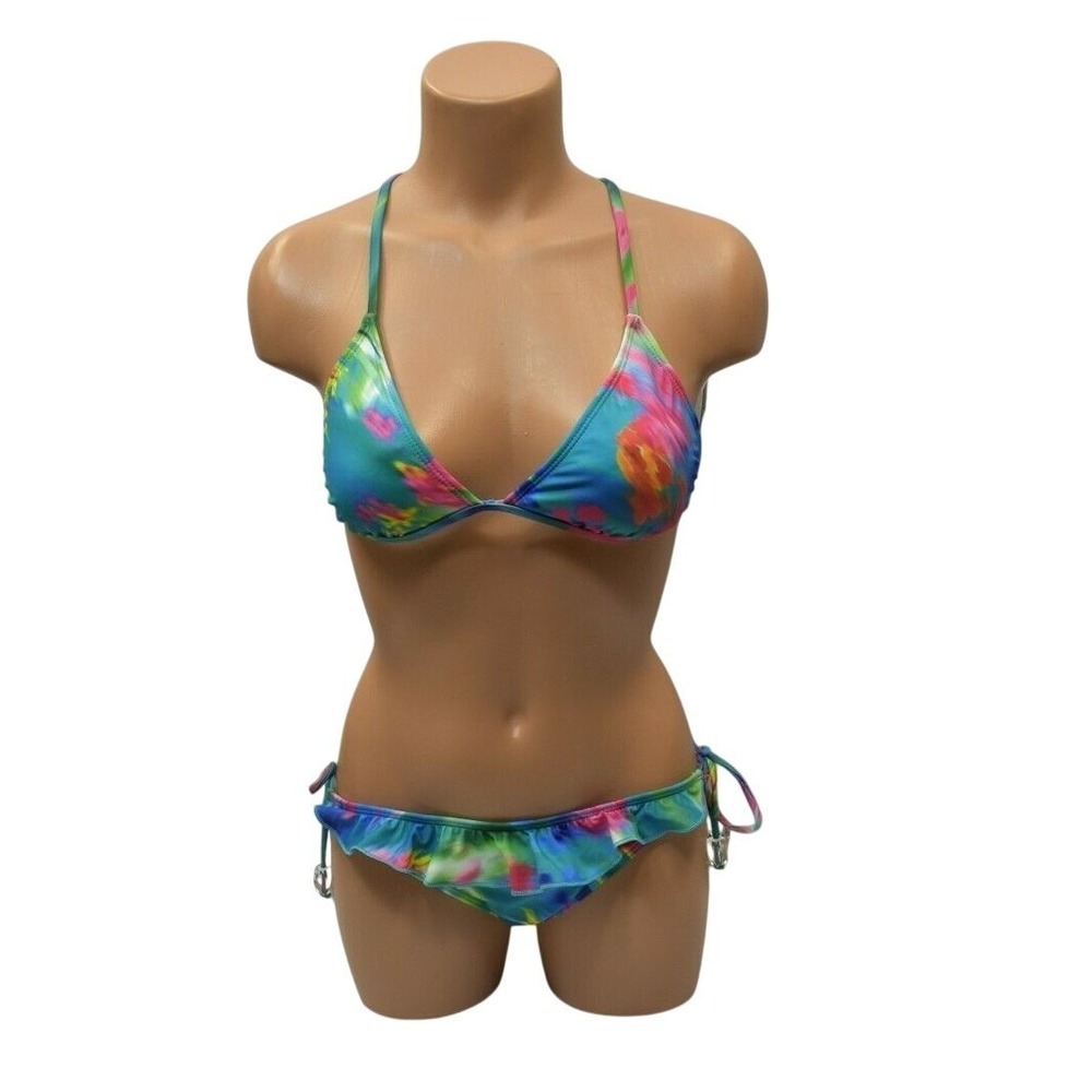 Guess Womens Multicolor Tropical Floral Ruffle Triangle Bikini Set Blue New - Picture 4 of 11